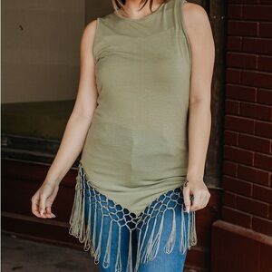 Lucky & Blessed Olive Green Sleeveless Fringe Tank